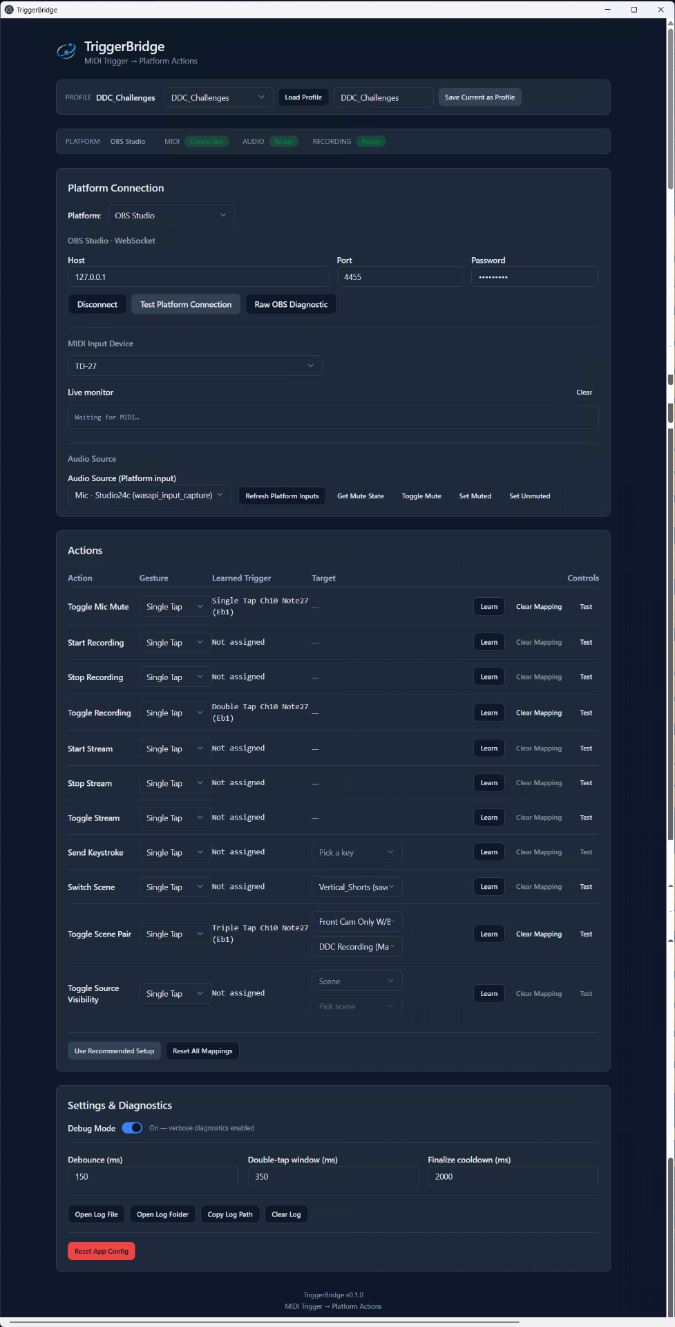 TriggerBridge desktop app showing profiles, MIDI connection status, and platform control panel